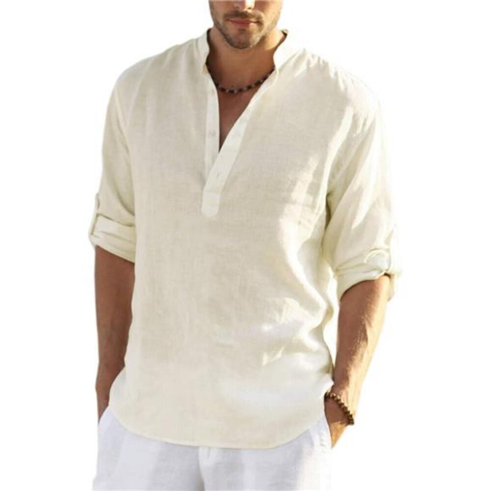 Lightweight Henley Long Sleeve Shirt Men Cotton Linen